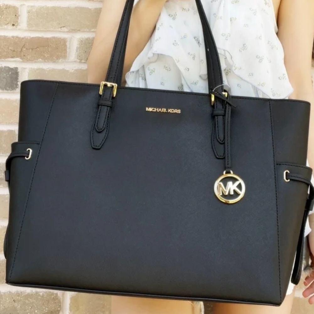 Michael Kors Collection Black Leather Shoulder Tote with Gold Hardware